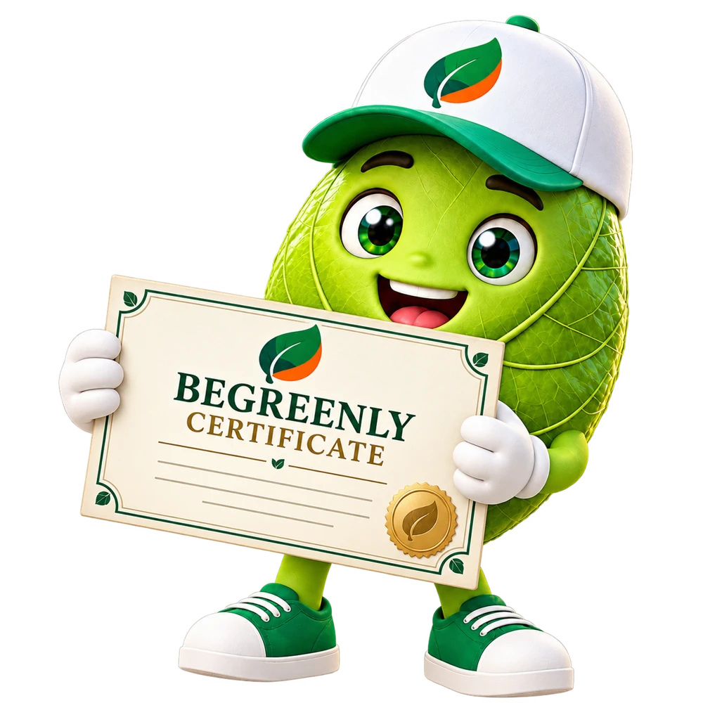 BeGreenly leaf mascot proudly holding a BeGreenly certificate